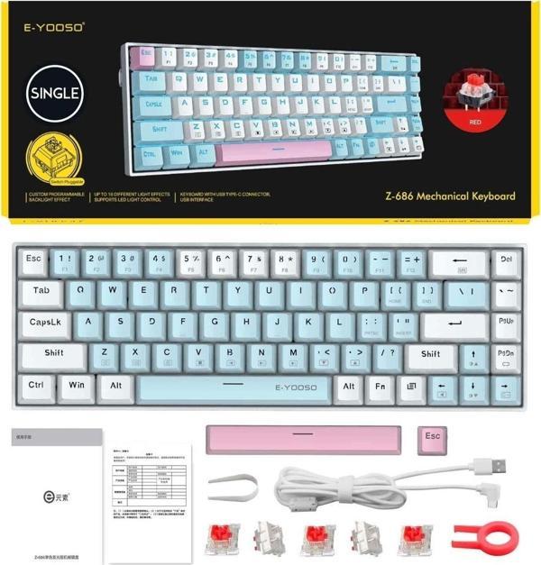 E-Yooso Z-686 Mini Mekanik Klavye Huano Red Switch Gamer Klavyesi 68 Tuş - Image 1
