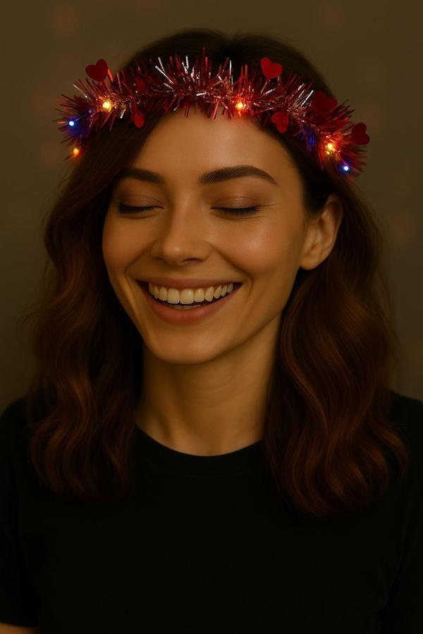 Kalp Püsküllü 3 Modlu LED Işıklı Taç Kırmızı Renk - Image 1