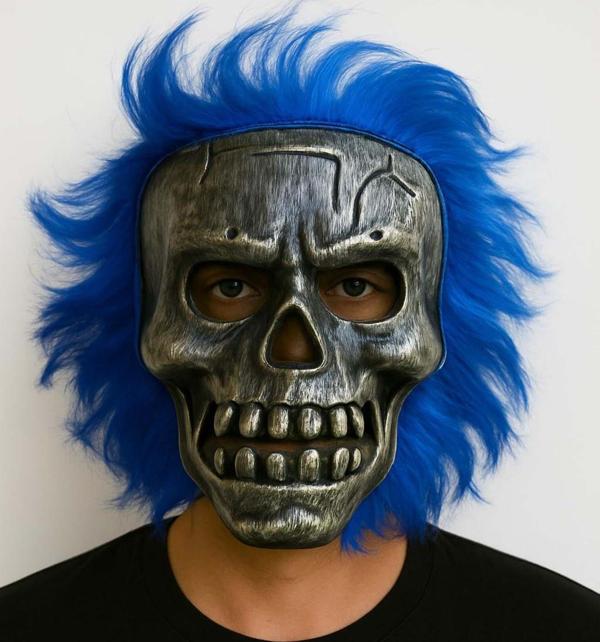 Wild Skull - Gümüş Kafatası Mavi Saçlı İskelet Maske - Image 1