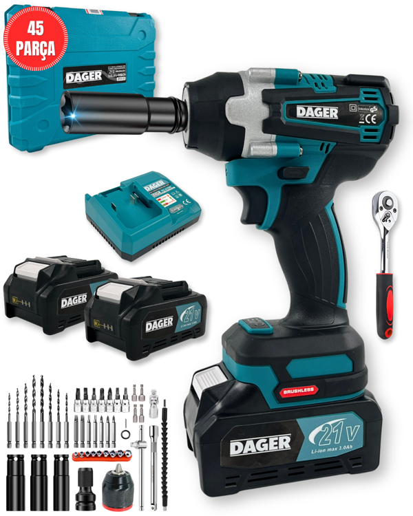 Dager BLAST 21V Kömürsüz Şarjlı Darbeli Somun Sıkma Makinesi Seti | Çift 3.0Ah Akü + Mandren+ Lokma + 45 Parça | 810 Nm Tork - Image 1