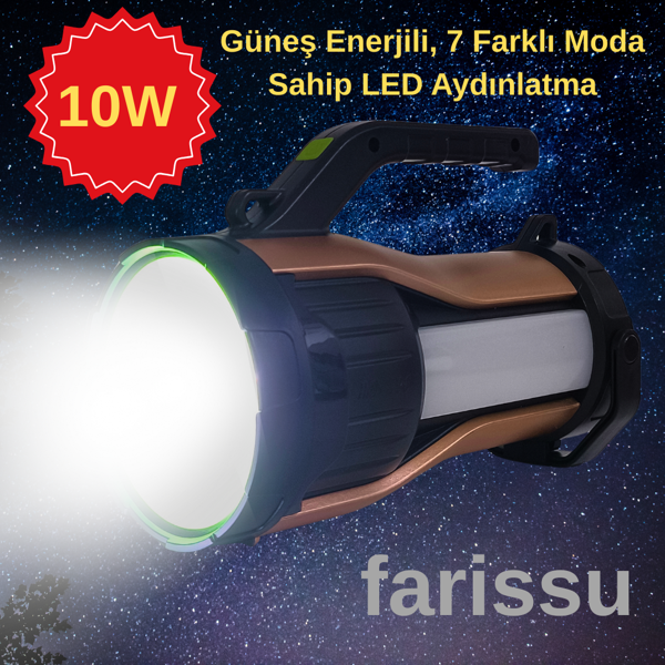 Güneş Enerjili, 7 Farklı Moda Sahip 10W LED Aydınlatma Solar Panelli Acil Durum  El Feneri - Image 1