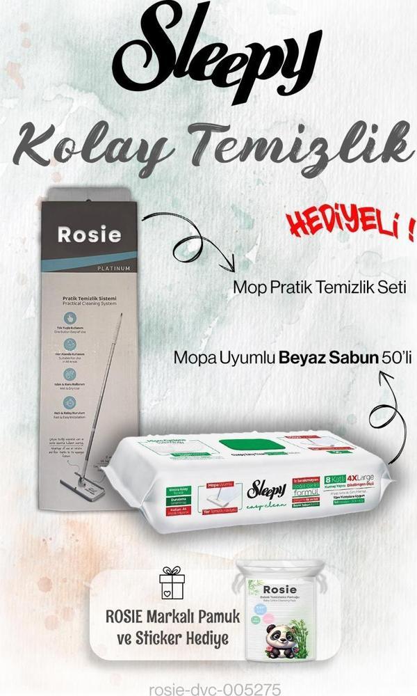 Sleepy 50'li Beyaz Sabun Mopa uyumlu ve Mop Seti, Rosie Hediyeli - Image 1