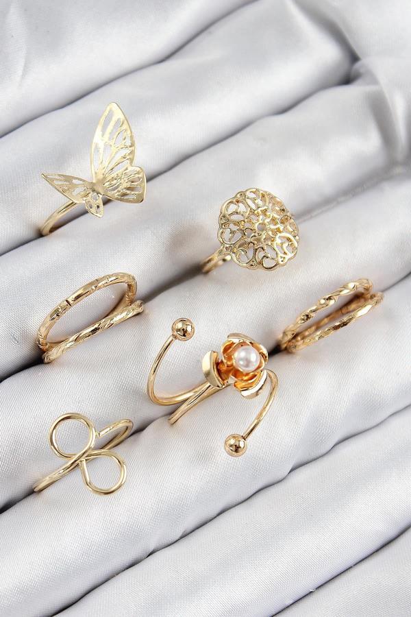 Celira Pirinç Gül Kelebek Model Gümüş Renk Kadın Yüzük Kombin Set 00038 - Image 1