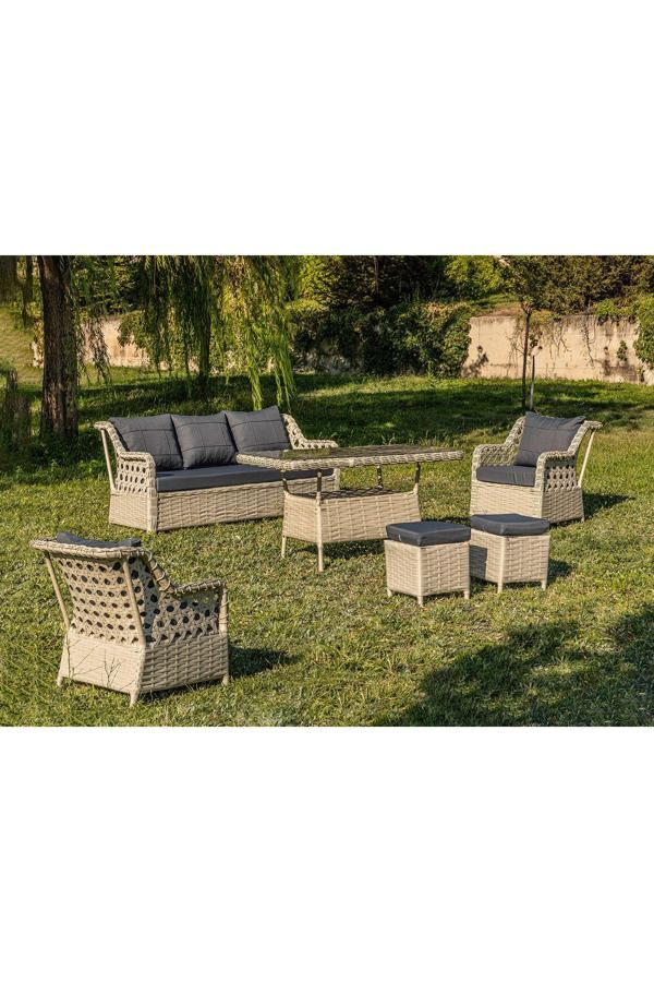 Rattani Oscar Rattan Bahçe Mobilyasi 3+1+1 Masalı Garantili, Kemik - Image 1