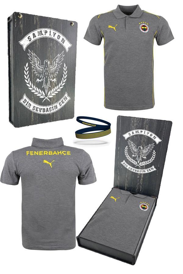 Fenerbahçe Orijinal Lisanslı 2024/25 A Takım Polo Yaka Gri T-Shirt + Bileklik Set Hediyelik Kutu - Image 1