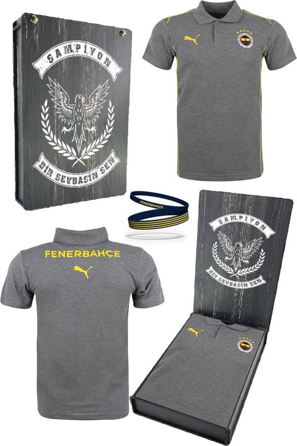 Fenerbahçe Orijinal Lisanslı 2024/25 A Takım Polo Yaka Gri T-Shirt + Bileklik Set Hediyelik Kutu - Image 1