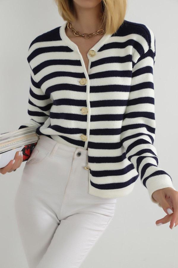 Winter Club Kadın Lacivert Çizgili Bisiklet Yaka Fitilli Gold Düğme Detaylı Triko Hırka - Image 1