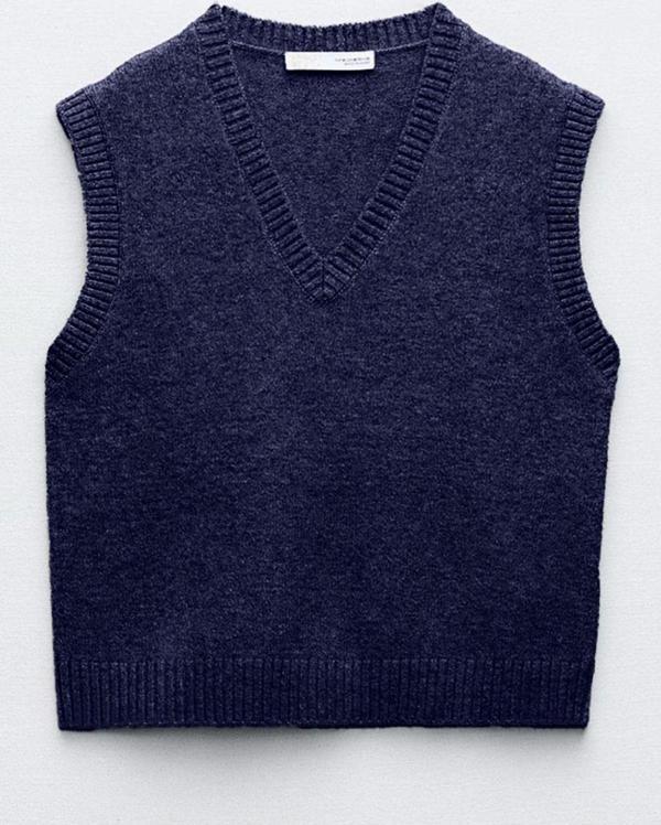 Winter Club Kadın Lacivert V Yaka Fitilli Kenarlı Kolsuz İpek Süveter - Image 1