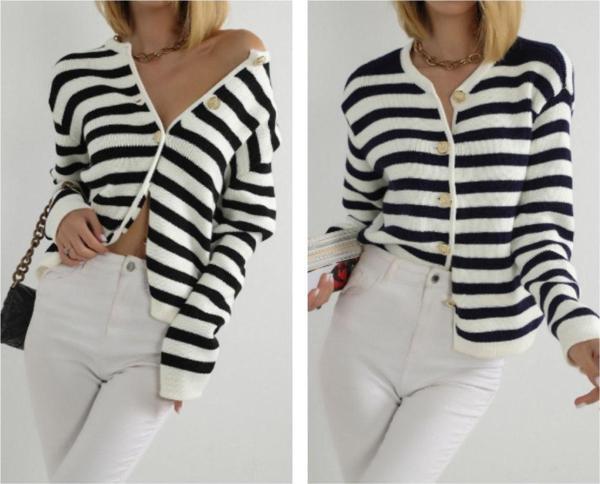 Winter Club Kadın Çizgili Bisiklet Yaka Fitilli Gold Düğme Detaylı Triko Hırka (Lacivert-Beya Siyah-Beyaz) 2'Li - Image 1