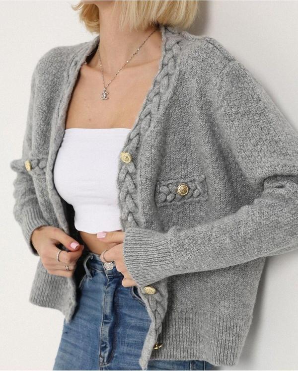 Winter Club Ipek Saç Örgülü Bej Gold Düğmeli Hırka - Image 1