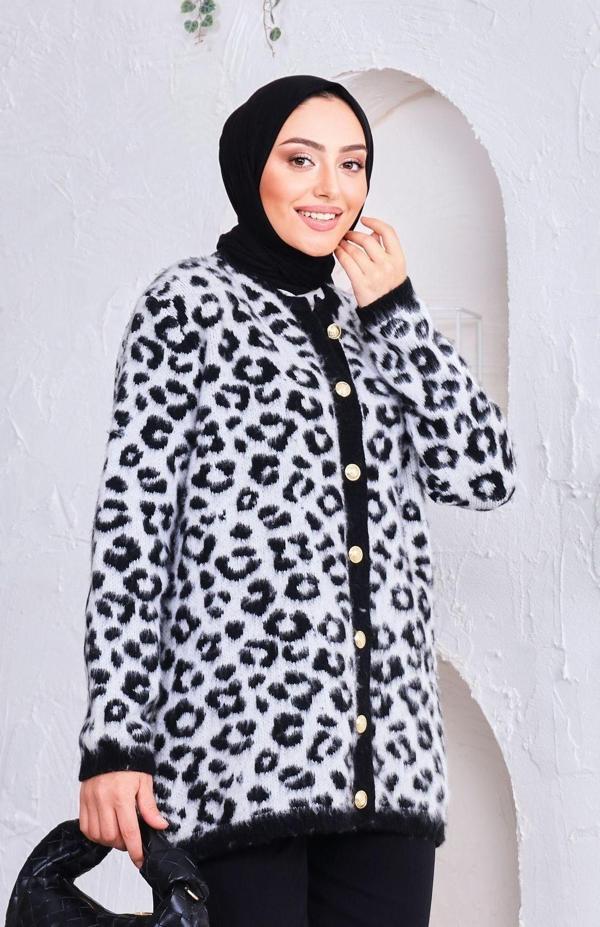 Winter Club Kadın Siyah Leopar Desenli Şardonlu Uzun Hırka %100 İpek - Image 1