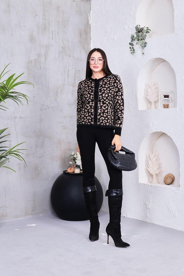 Winter Club Swc Leopar Desenli Siyah %100 İpek Şardonlu Hırka - Image 1