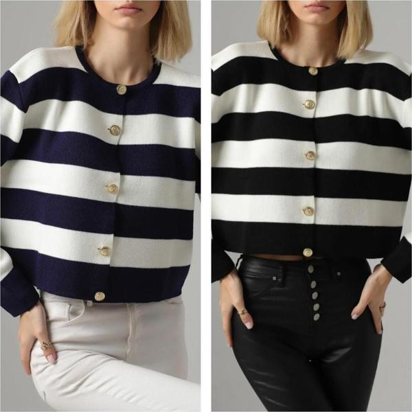 Winter Club Kadın Bisiklet Yaka Çizgili Crop Hırka (Lacivert-Beya Siyah-Beyaz)2'Li - Image 1