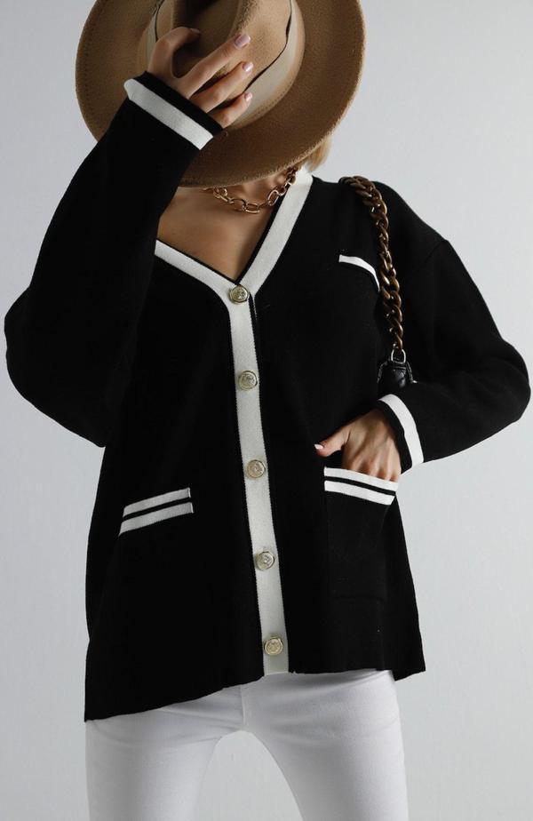 Winter Club Siyah Gold Düğmeli Şerit Detaylı Oversize Triko Hırka - Image 1