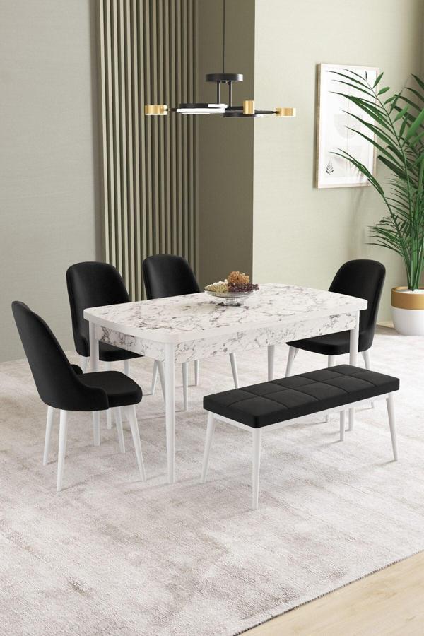 Ikon Beyaz Mermer 80x132 Açılabilir Mdf Masa Yemek Odası Takımı, Mutfak Takımı 4 Sandalye, 1 Bench - Image 1