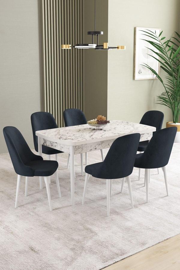 Ikon Beyaz Mermer 80x132 Açılabilir Mdf Masa Yemek Odası Takımı, Mutfak Takımı 6 Adet Sandalye - Image 1