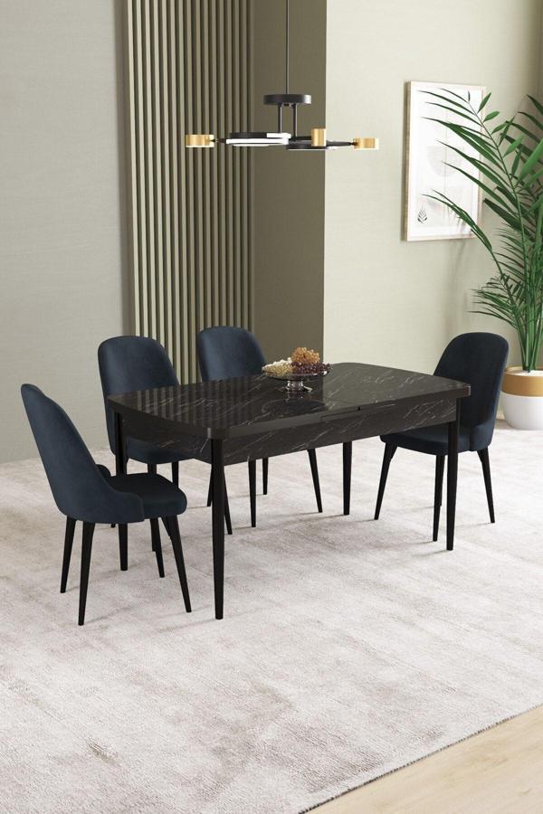 Ikon Siyah Mermer 80x132 Açılabilir Mdf Masa Yemek Odası Takımı, Mutfak Takımı 4 Adet Sandalye - Image 1