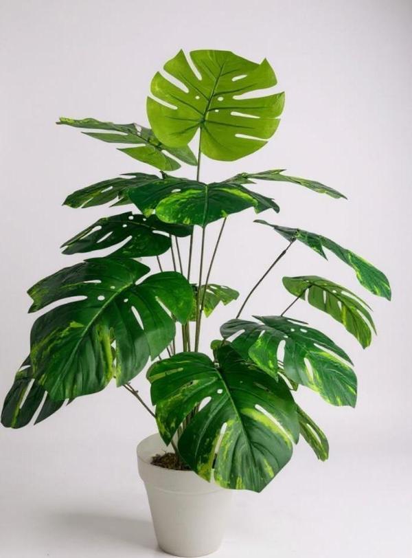 Yapay Çiçek Salon Bitkisi Monstera Tropik Desenli  70cm 18 Yaprak Antrasit Krem Saksıda - Image 1