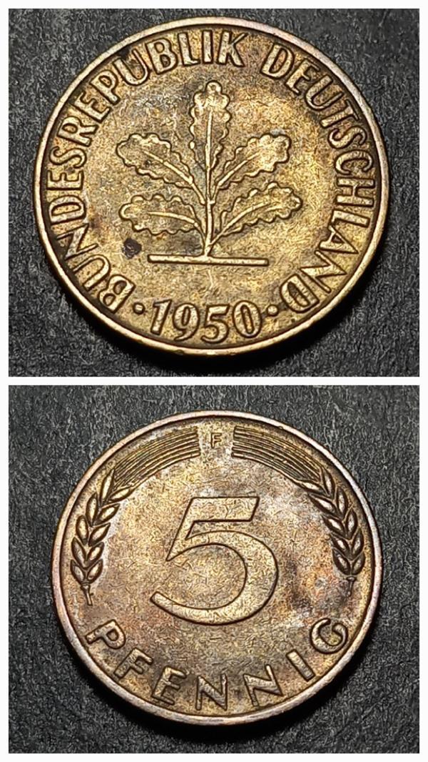 Escoines 39963689901fd6ff99 1950 Almanya 5 Pfennig çt Pirinç kaplamalı çelik para - Image 1