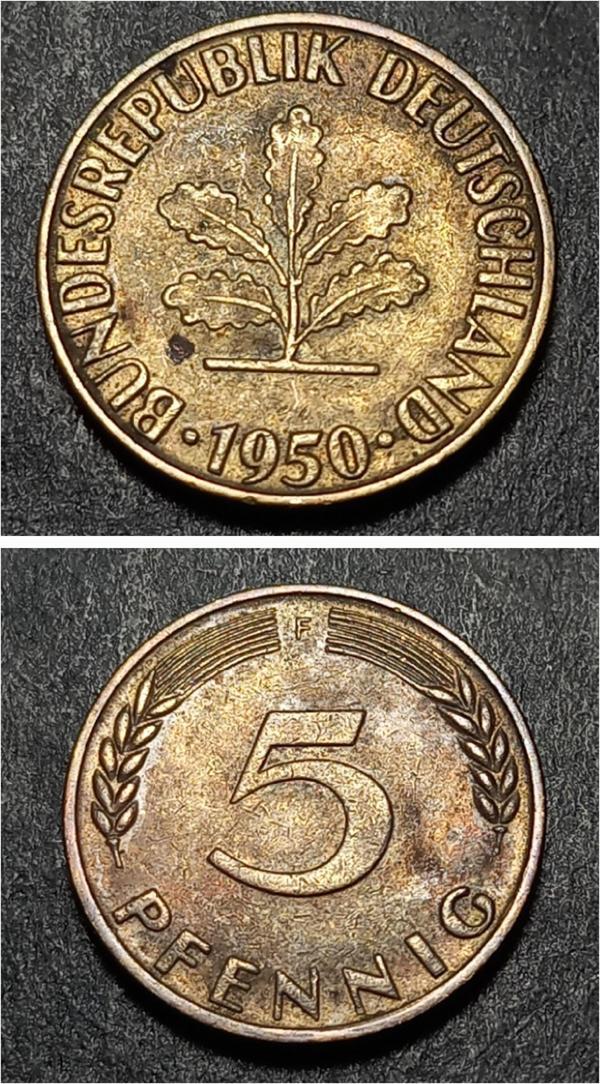 Escoines 39963689901fd6ff99 1950 Almanya 5 Pfennig çt Pirinç kaplamalı çelik para - Image 1