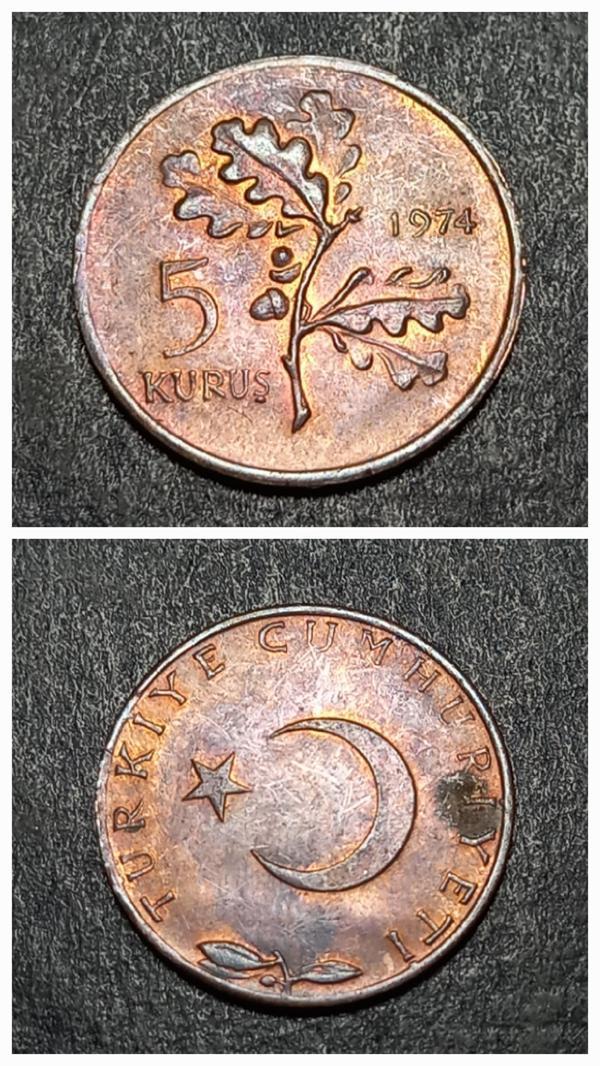 Escoines 39963689926c98986d 1974 çt 5 Kuruş %97 Bakır para - Image 1
