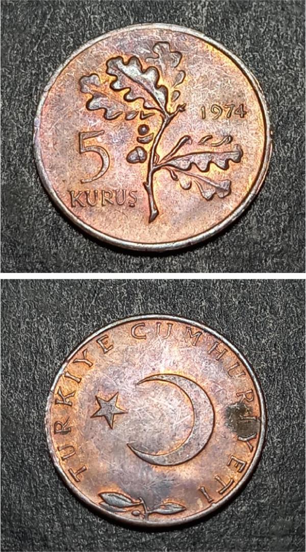 Escoines 39963689926c98986d 1974 çt 5 Kuruş %97 Bakır para - Image 1
