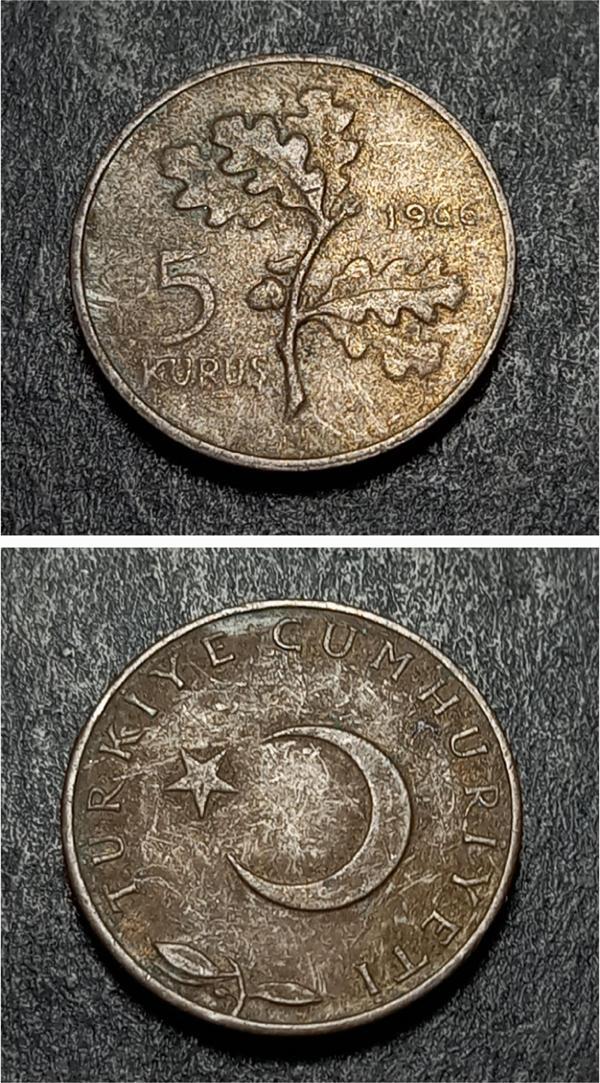 Escoines 399636873432eb5eb3 5Kuruş 1966 temiz %97 Bakır Para - Image 1