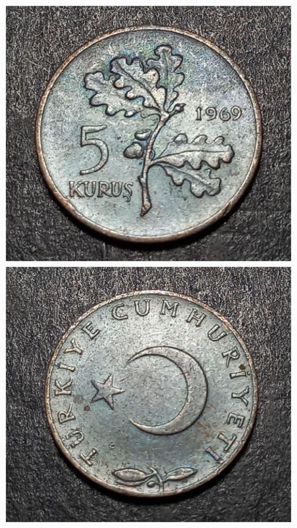 Escoines 3996368992602f35f3 1969 çt+ 5Kuruş %97 Bakır para - Image 1