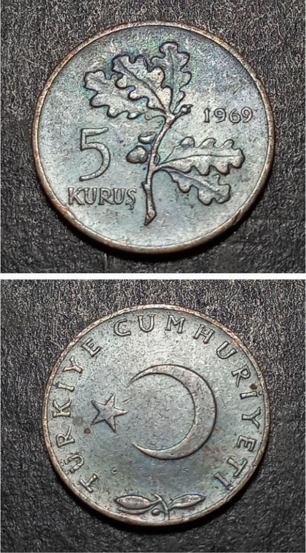 Escoines 3996368992602f35f3 1969 çt+ 5Kuruş %97 Bakır para - Image 1