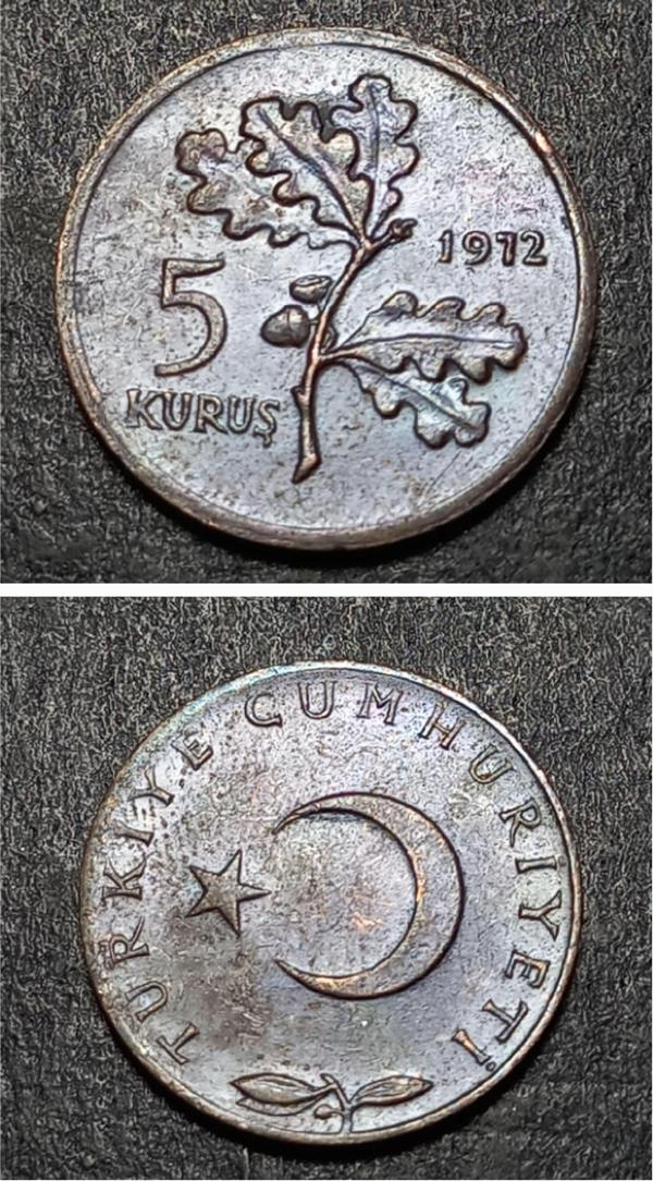 Escoines 39963689926476d0b5 1972 çt 5Kuruş %97 Bakır para - Image 1
