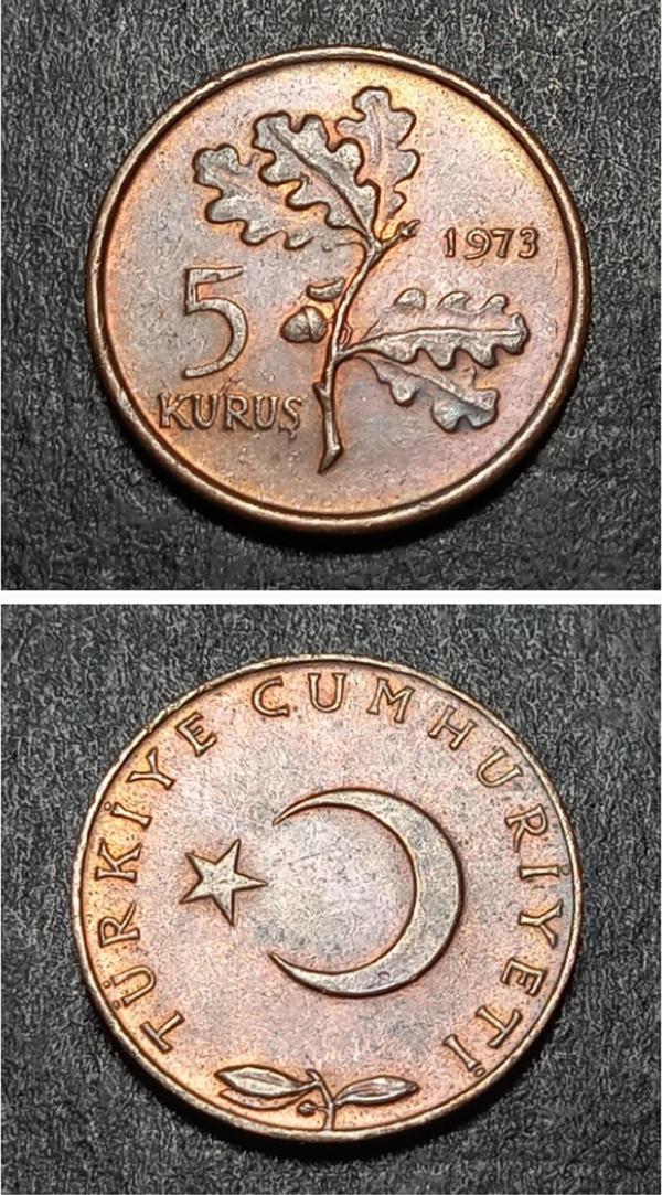 Escoines 399636899268ca243d 1973 ççt+ 5 Kuruş %97 Bakır para - Image 1
