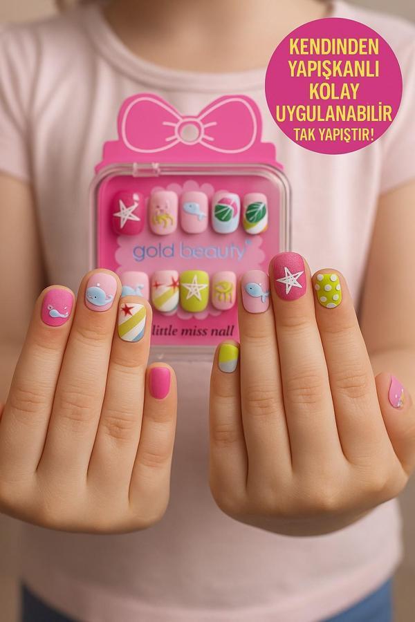 12 li Yapışkan Stickerlı Kendi Çantasında Çocuk Takma Tırnak Oyuncak Seti- 5- 14 Yaş Arası- Model 53 - Image 1
