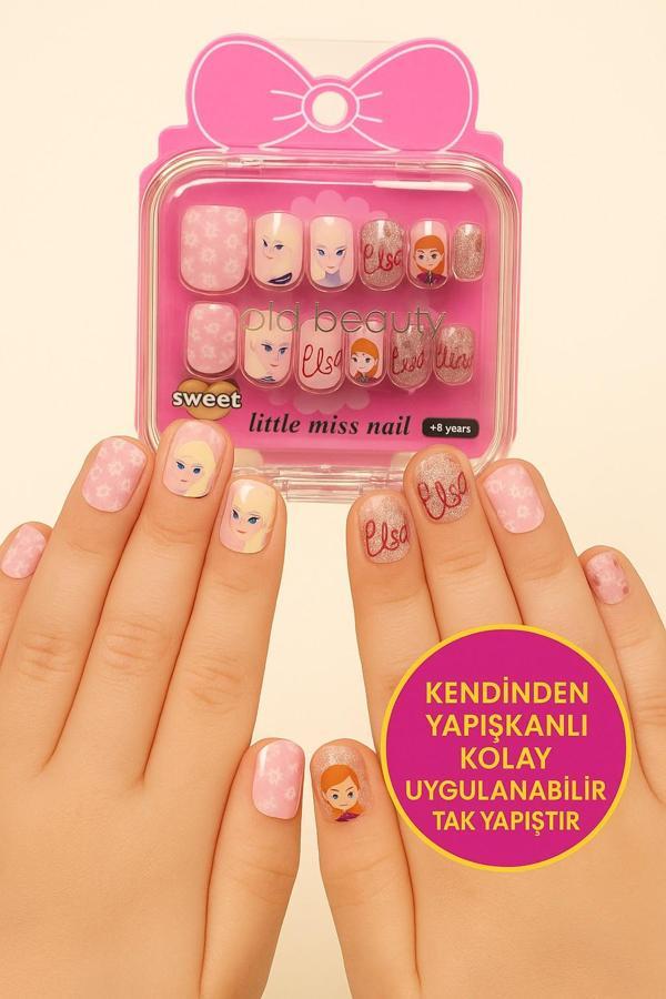 Frozen Temalı 12 li Yapışkan Stickerlı Kendi Çantasında Çocuk Takma Tırnak Seti- 5- 14 Yaş Arası - Image 1
