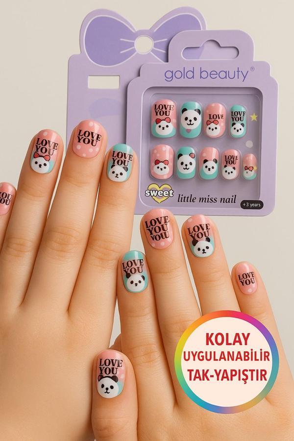 Panda Temalı 12 li Yapışkan Stickerlı Kendi Çantasında Çocuk Takma Tırnak Seti- 5- 14 Yaş Arası - Image 1