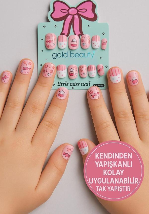 Şeker Temalı 12 li Yapışkan Stickerlı Kendi Çantasında Çocuk Takma Tırnak Seti- 5- 14 Yaş Arası  - Image 1
