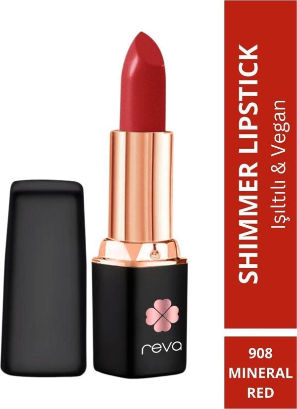 Reva Shimmer Lipstick Mineral Red - Işıltı Ruj - 4 Gr - No: 908 - Vegan & Temiz Içerik Mineral Kırmızısı - Image 1