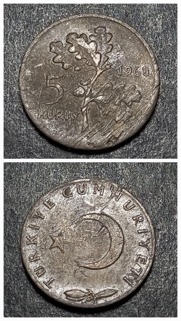 Escoines 39963689925ba27fcb 1968 haliyle 5 Kuruş %97 Bakır para - Image 1