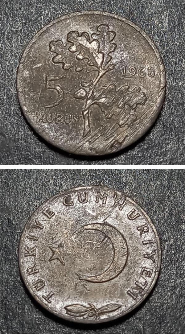 Escoines 39963689925ba27fcb 1968 haliyle 5 Kuruş %97 Bakır para - Image 1
