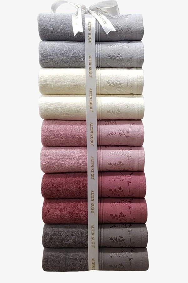 Ditsy Havlu 10 Adet - Antrasit Mürdüm Pembe Krem Gri - Image 1