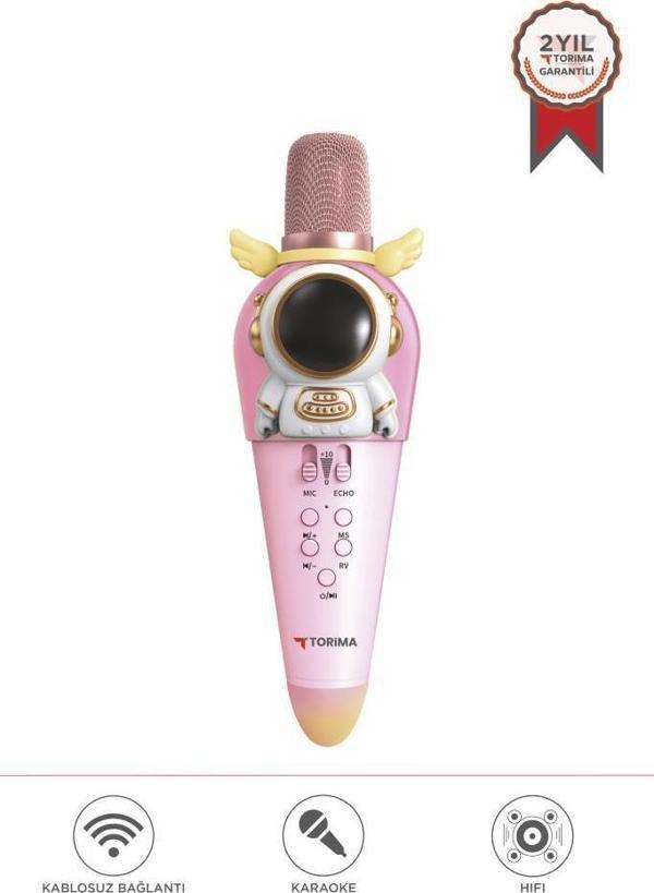 Torima KIDMIC01 Pembe Astronot Figürlü Şarjlı BT Karaoke Mikrofon ve Hoparlör 5W Kablosuz Mikrofon - Image 1