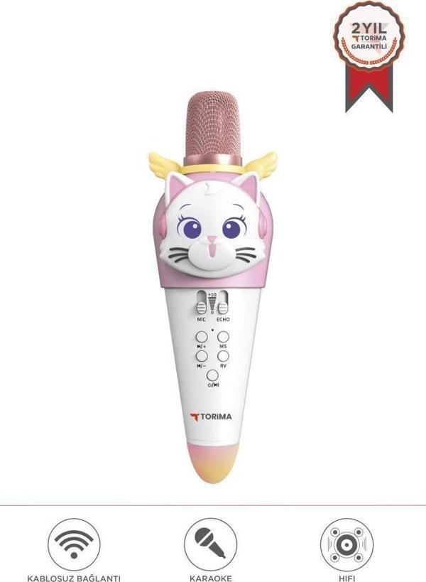 Torima KIDMIC02 Beyaz Kedi Figürlü Şarjlı BT Karaoke Mikrofon ve Hoparlör 5W Kablosuz Mikrofon - Image 1