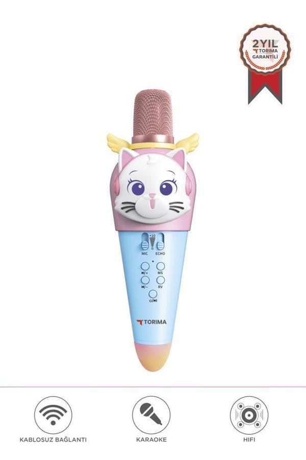 Torima KIDMIC02 Mavi Kedi Figürlü Şarjlı BT Karaoke Mikrofon ve Hoparlör 5W Kablosuz Mikrofon - Image 1