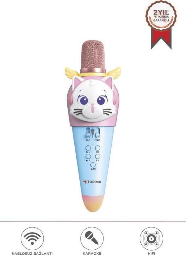 Torima KIDMIC02 Mavi Kedi Figürlü Şarjlı BT Karaoke Mikrofon ve Hoparlör 5W Kablosuz Mikrofon - Image 1