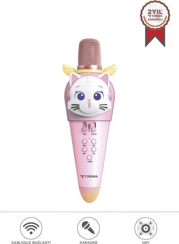Torima KIDMIC02 Pembe Kedi Figürlü Şarjlı BT Karaoke Mikrofon ve Hoparlör 5W Kablosuz Mikrofon - Image 1