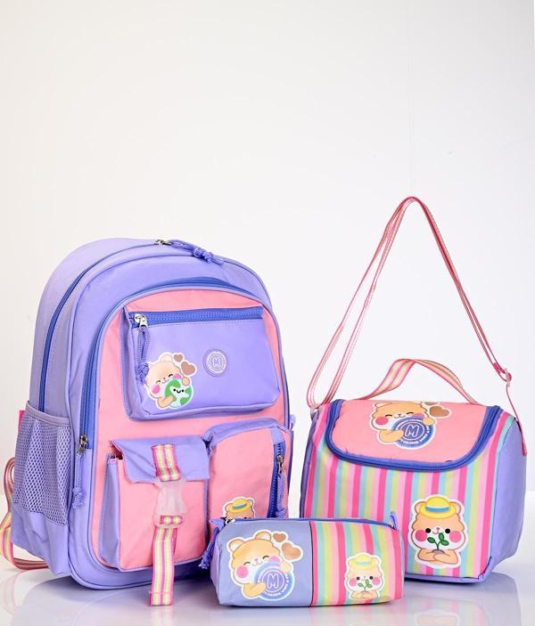 Muggle Mu-5917 Kawaii Bear Mor Pembe Çizgili Okul Çanta Seti 3'lü – Sırt Çantası, Beslenme Çantası ve Kalemlik - Image 1