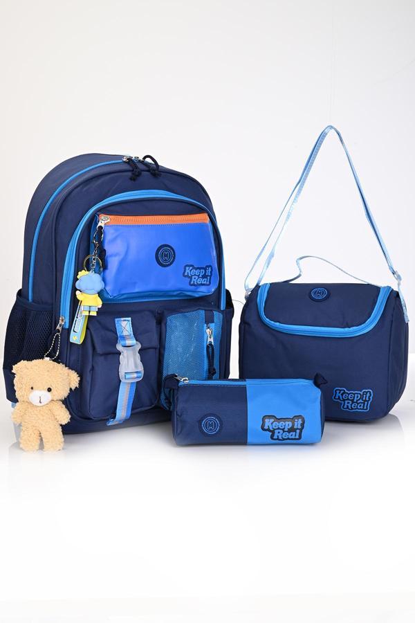 Muggle Mu-5947 Deep Blue Okul Çanta Seti 3'lü – Sırt Çantası, Beslenme Çantası ve Kalemlik - Image 1