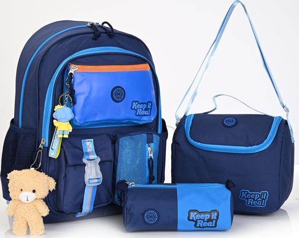 Muggle Mu-5947 Deep Blue Okul Çanta Seti 3'lü – Sırt Çantası, Beslenme Çantası ve Kalemlik - Image 1