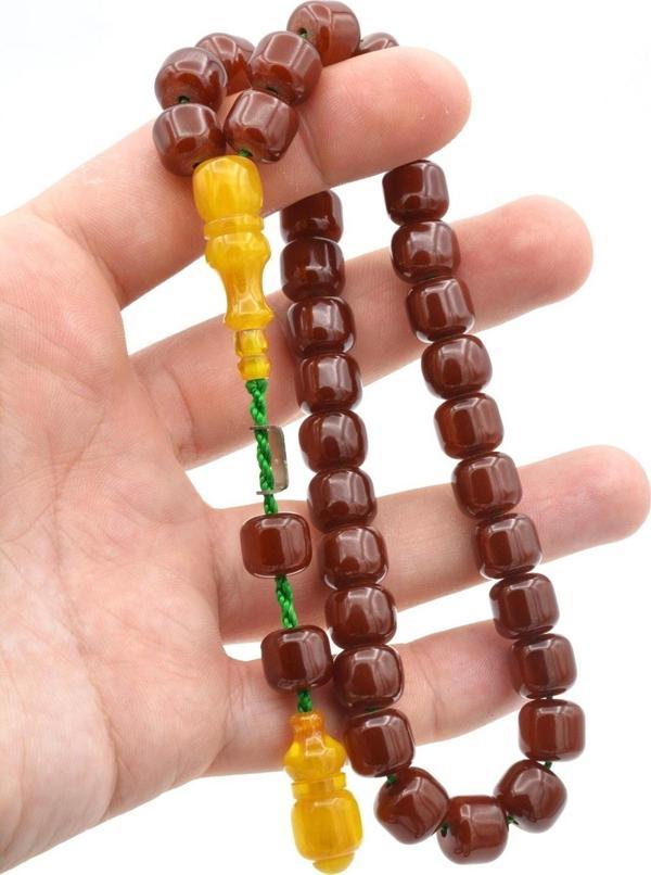 Dabbas Imzalı Fıçı Kesim Kahverengi Sıkma Kehribar Tesbih Iri Boy - Image 1