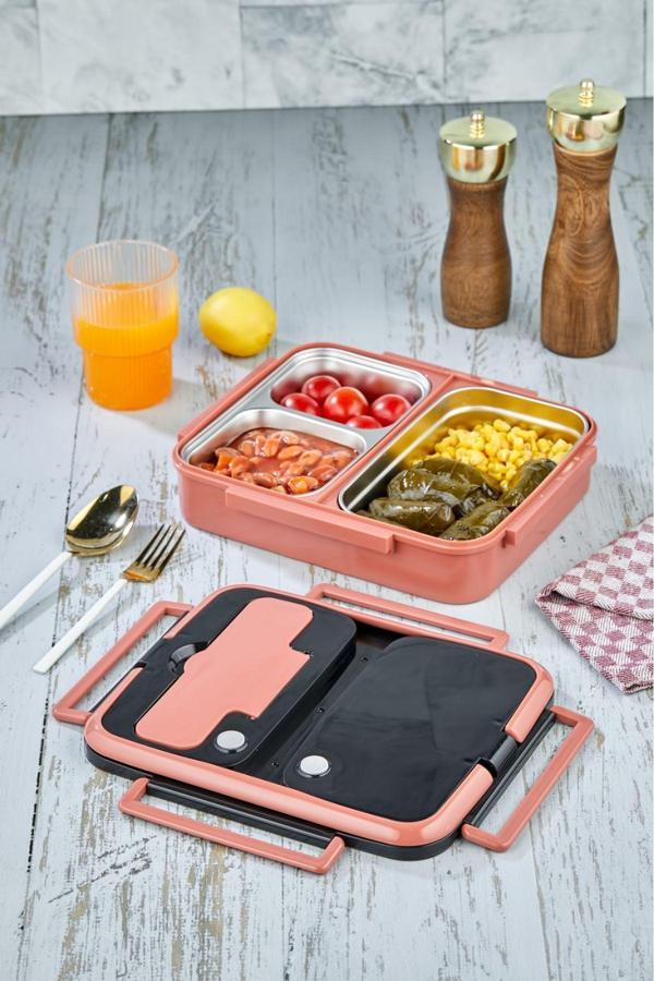 Cooker Yk-1392 Özel Seri Lüx Paslanmaz Çelik 3 Hazneli Yemek Kabı Yemek Termosu-Pembe - Image 1