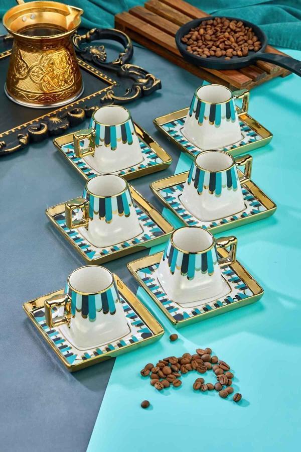 Cooker 90 Ml Porselen 6'Lı Kahve Fincanı Seti - Şık Tasarım Altın Yaldızlı Modern Fincan Takımı - Image 1